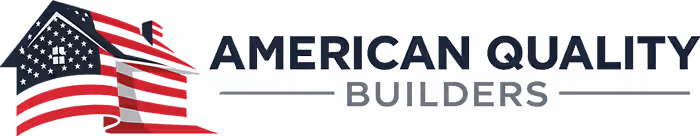 American Quality Builders Logo showing a house decorated with the American flag and text American Quality Builders.