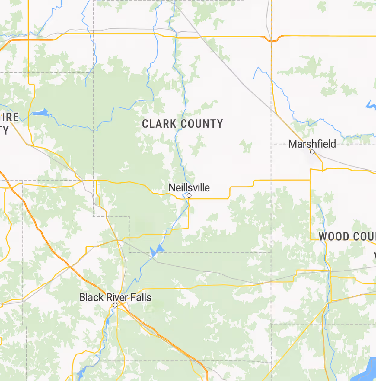 Map showing Clark County area including Neillsville, Black River Falls, and Marshfield with roads and rivers.